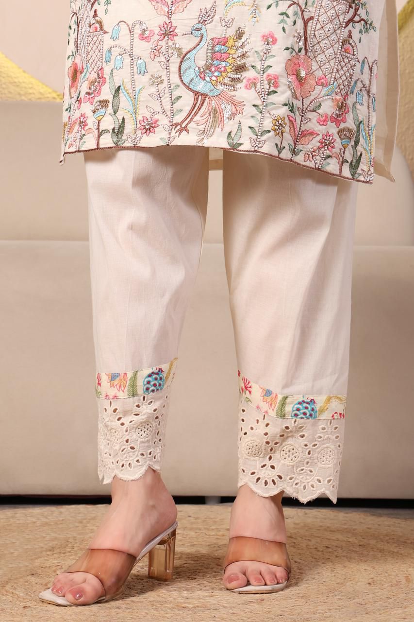 Off White Beads Hand Work Cotton Kurti Pant Dupatta